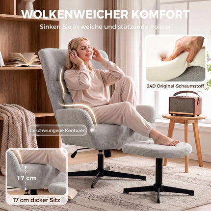 Fauteuil lounge pivotant à 360° avec repose-pieds, hauteur réglable, crème