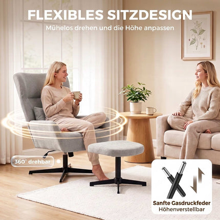 Fauteuil lounge pivotant à 360° avec repose-pieds, hauteur réglable, crème