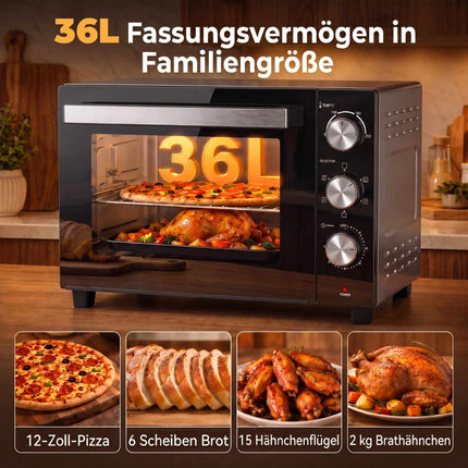 Mini-four à convection 36 L, 1500 W, 90–230 °C, minuterie