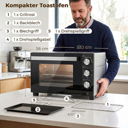 Mini-four à convection 36 L, 1500 W, 90–230 °C, minuterie