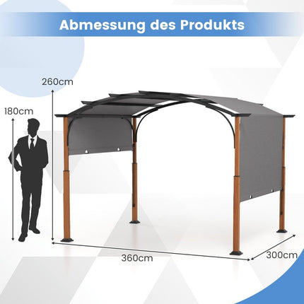 Pergola 3,6 x 3 m avec toit escamotable, tonnelle imperméable, stable et résistante à l'hiver, gris