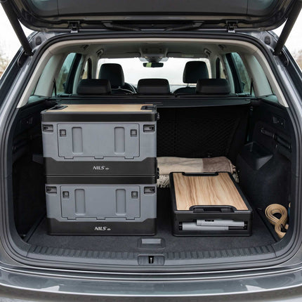 Coffre de transport pliable gris 38L avec plateau