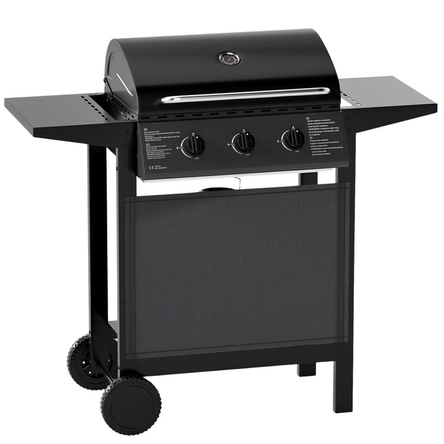 Barbecue à gaz extérieur à 3 brûleurs avec tablettes latérales, 24 000 BTU
