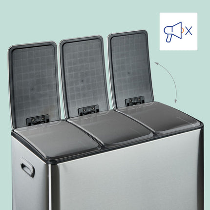 Poubelle de cuisine à 3 compartiments, 3 x 15 L, couvercle à fermeture douce