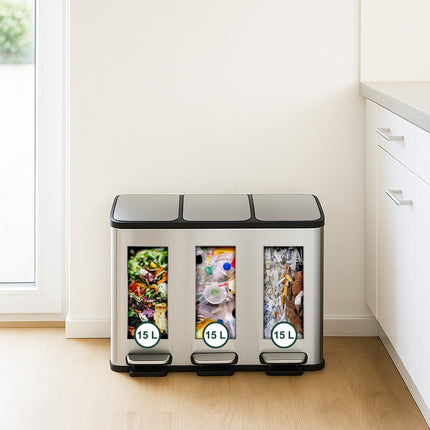 Poubelle de cuisine à 3 compartiments, 3 x 15 L, couvercle à fermeture douce