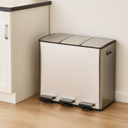 Poubelle de cuisine à 3 compartiments, 3 x 15 L, couvercle à fermeture douce