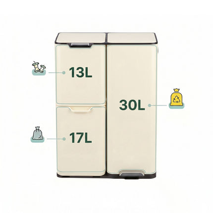 Poubelle de cuisine à 3 compartiments - Acier, fermeture amortie, à pédale
