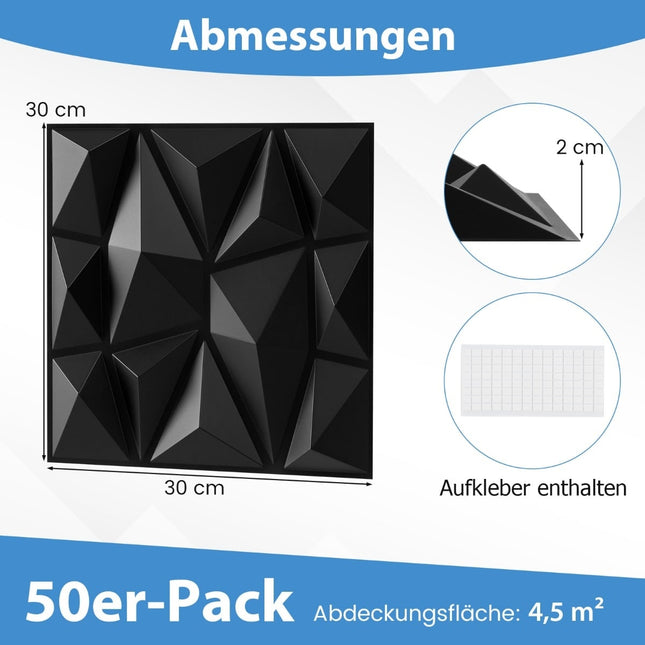 3D Wandpaneele, schwarzes Rautenmuster, 100 Stück, 9m² Abdeckung