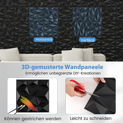 3D-Wandpaneele, schwarzes PVC, 50er-Pack, 30x30 cm, 4,5m² Abdeckung
