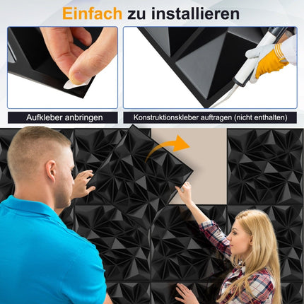Panneaux muraux 3D, motif losanges, noir, couverture de 10 m²
