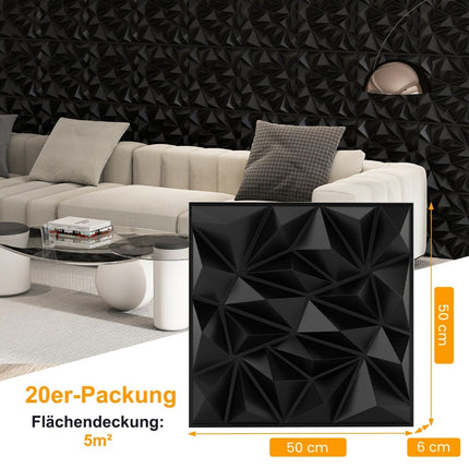 Panneaux muraux 3D, motif losanges, noir, couverture de 10 m²