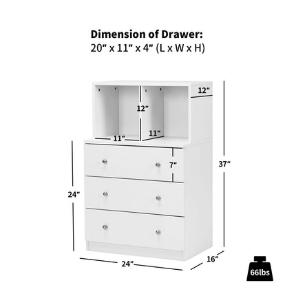 3-Drawer Storage Dresser with 2 Cubbies for Bedroom, White, Anti-Tip Device