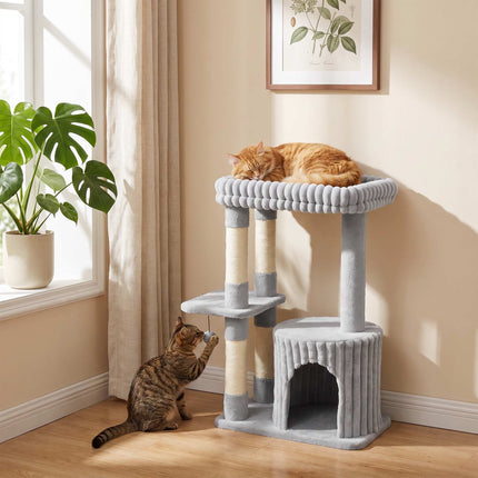 3-Level Cat Tree 93 cm with Sisal Posts and Washable Top Bed, Cave, Grey