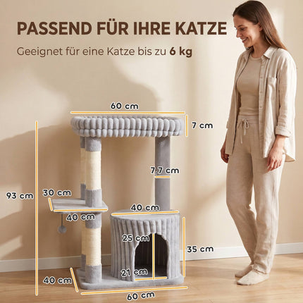 3-Level Cat Tree 93 cm with Sisal Posts and Washable Top Bed, Cave, Grey