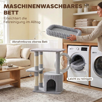3-Level Cat Tree 93 cm with Sisal Posts and Washable Top Bed, Cave, Grey