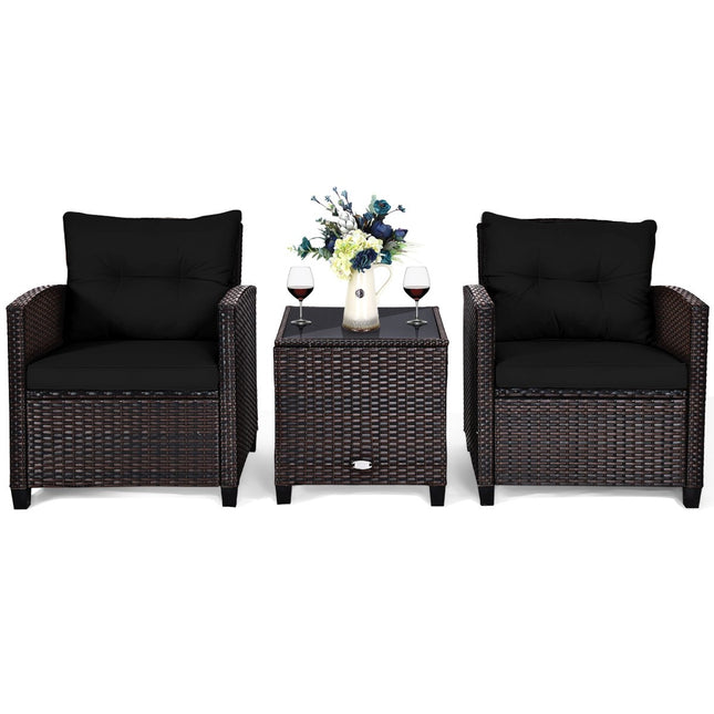 3-tlg. Rattan Gartenmöbel Set, Balkonmöbel, Gartenlounge mit Sitzkissen und Couchtisch, schwarz