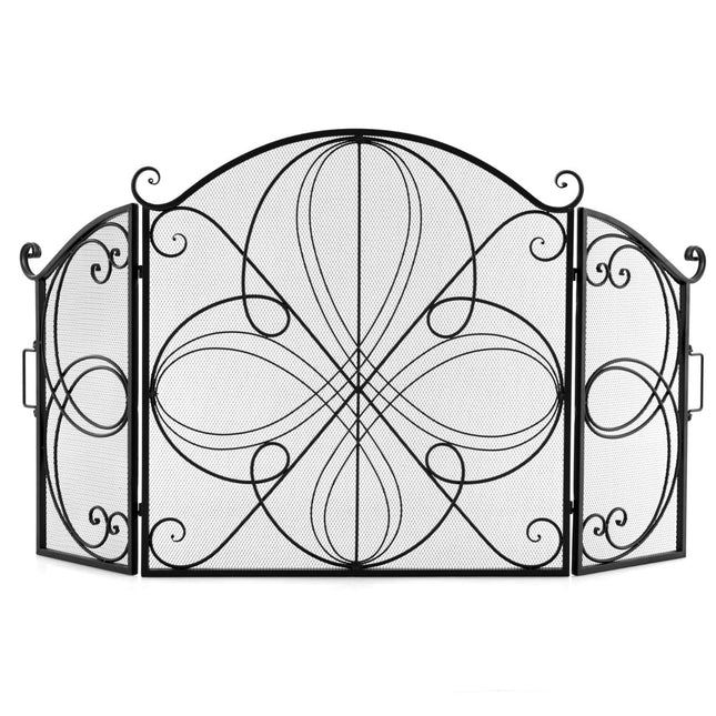 Paravent de cheminée pliable à 3 panneaux, maille métallique à motif floral, 151 x 83 cm