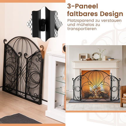 3-teiliger klappbarer Kaminschirm, Blumen-Metallgitter, 151x83 cm