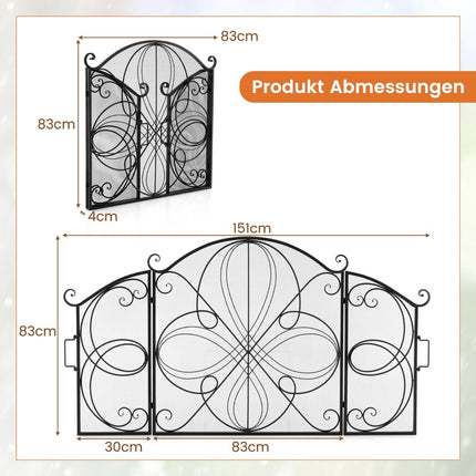 3-teiliger klappbarer Kaminschirm, Blumen-Metallgitter, 151x83 cm
