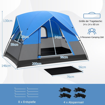 3-Personen-Campingzelt mit abnehmbarem Regenschutz und Unterlage