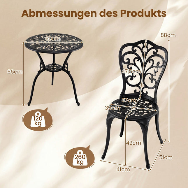 Ensemble bistro de patio en aluminium 3 pièces avec table et chaises