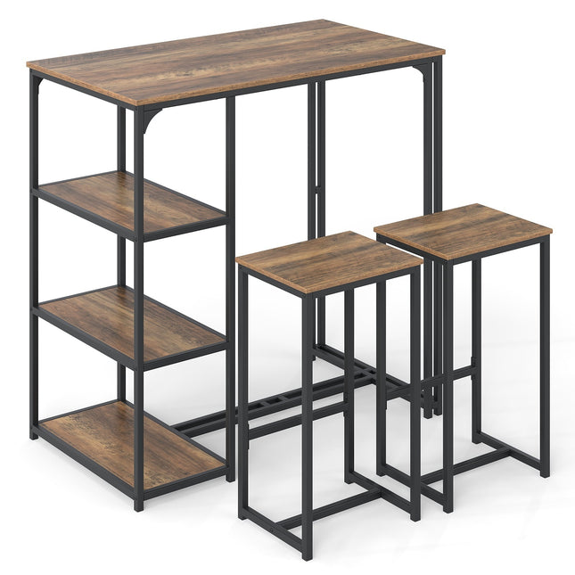 Ensemble table de bar 3 pièces avec tabourets et étagères de rangement