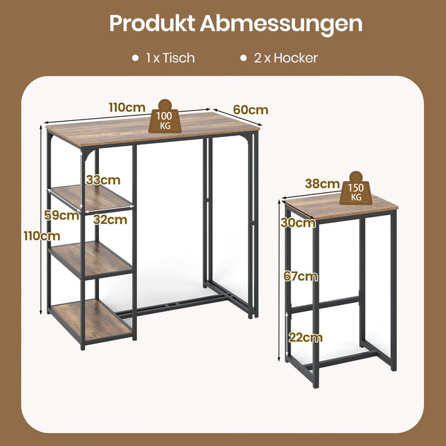 Ensemble table de bar 3 pièces avec tabourets et étagères de rangement