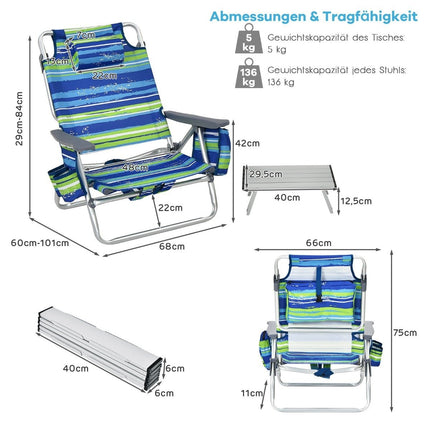 Ensemble de 3 chaises et table de plage, réglables et portables