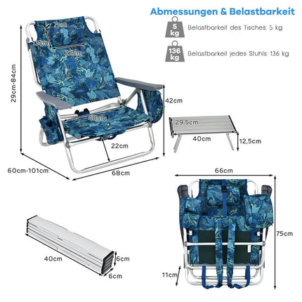 Ensemble de 3 chaises et table de plage, réglables et portables