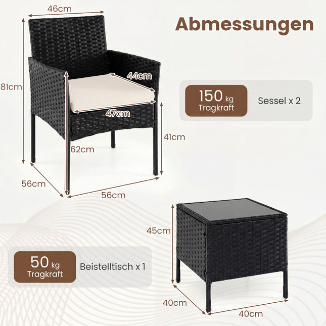 Ensemble de balcon 3 pièces en rotin beige avec table en verre