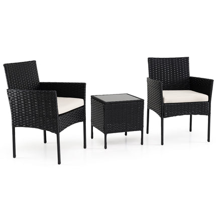 Ensemble de balcon 3 pièces en rotin beige avec table en verre