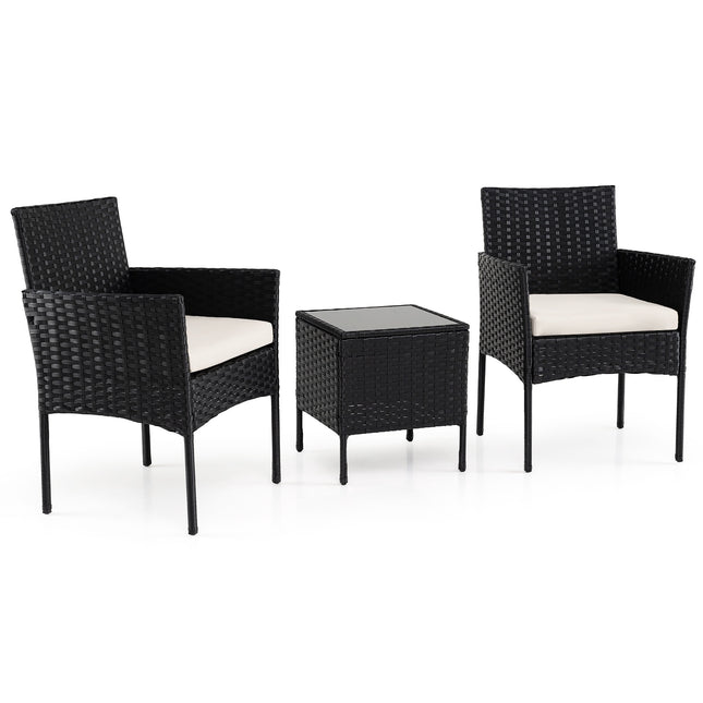Ensemble de balcon 3 pièces en rotin beige avec table en verre