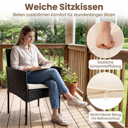 Ensemble de balcon 3 pièces en rotin beige avec table en verre