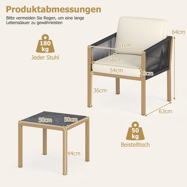 Ensemble bistro 3 pièces avec coussins, beige, pour balcon et jardin