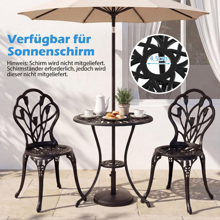 Ensemble bistro 3 pièces en fonte d'aluminium avec trou pour parasol