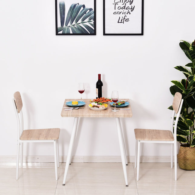 Ensemble De Table À Manger 3 Pièces Mdf + Métal Grain De Bois Naturel + Blanc Avec 1 Table + 2 Chaises