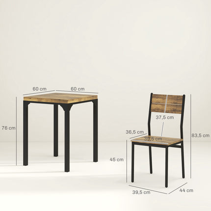 Ensemble de salle à manger 3 pièces, table et 2 chaises, MDF et métal, marron