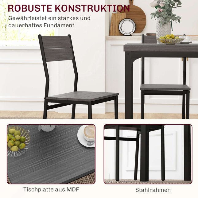 3-teiliges Esszimmergarnitur, Tisch und 2 Stühle, MDF & Metall, Grau