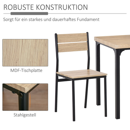 Ensemble De Salle À Manger 3 Pièces Avec Table En Bois Mdf + Métal, Grain De Bois Naturel + Noir, 1 Table + 2 Chaises