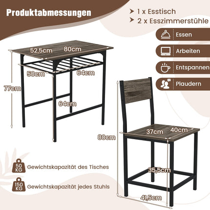 Ensemble de salle à manger 3 pièces, table et 2 chaises en bois, gris