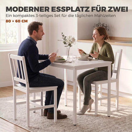 3-Piece Dining Set with Rectangular Table and 2 Chairs, 80 x 60 cm, White