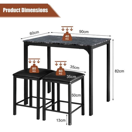 Ensemble de salle à manger 3 pièces, table et 2 tabourets en similicuir, noir