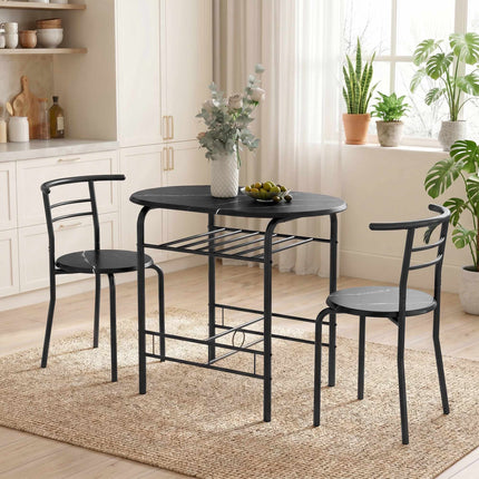3-teiliges Esszimmerset für 2 Personen, schwarze Marmoroptik, Regal