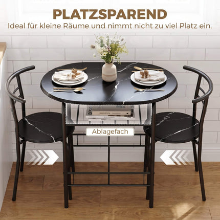 3-teiliges Esszimmerset für 2 Personen, schwarze Marmoroptik, Regal