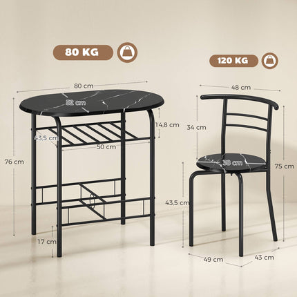 3-teiliges Esszimmerset für 2 Personen, schwarze Marmoroptik, Regal