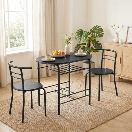3-teiliges Esszimmerset für 2 Personen, schwarze Marmoroptik, Regal