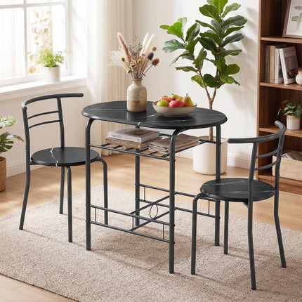 3-teiliges Esszimmerset für 2 Personen, schwarze Marmoroptik, Regal