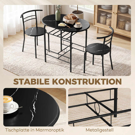 3-teiliges Esszimmerset für 2 Personen, schwarze Marmoroptik, Regal