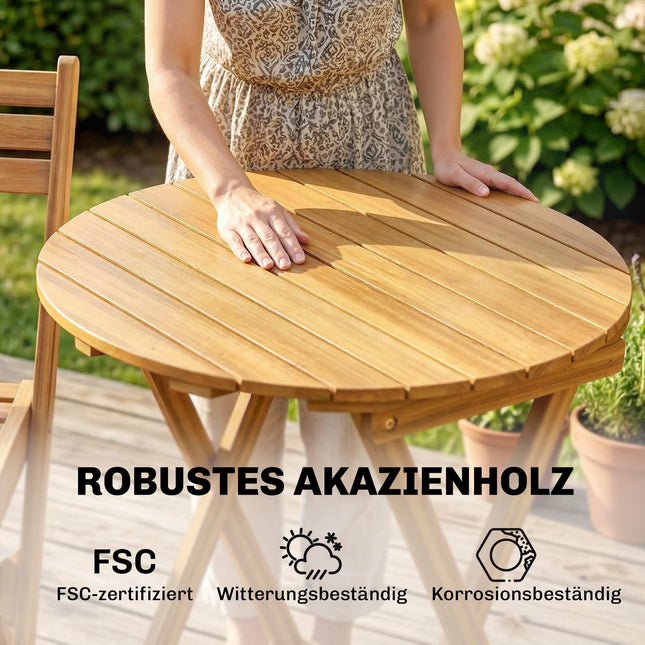 Ensemble de balcon pliant 3 pièces, bois d'acacia, table ronde