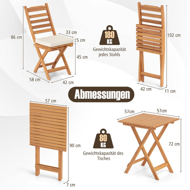 Ensemble de balcon pliant 3 pièces avec coussins, bois d'acacia